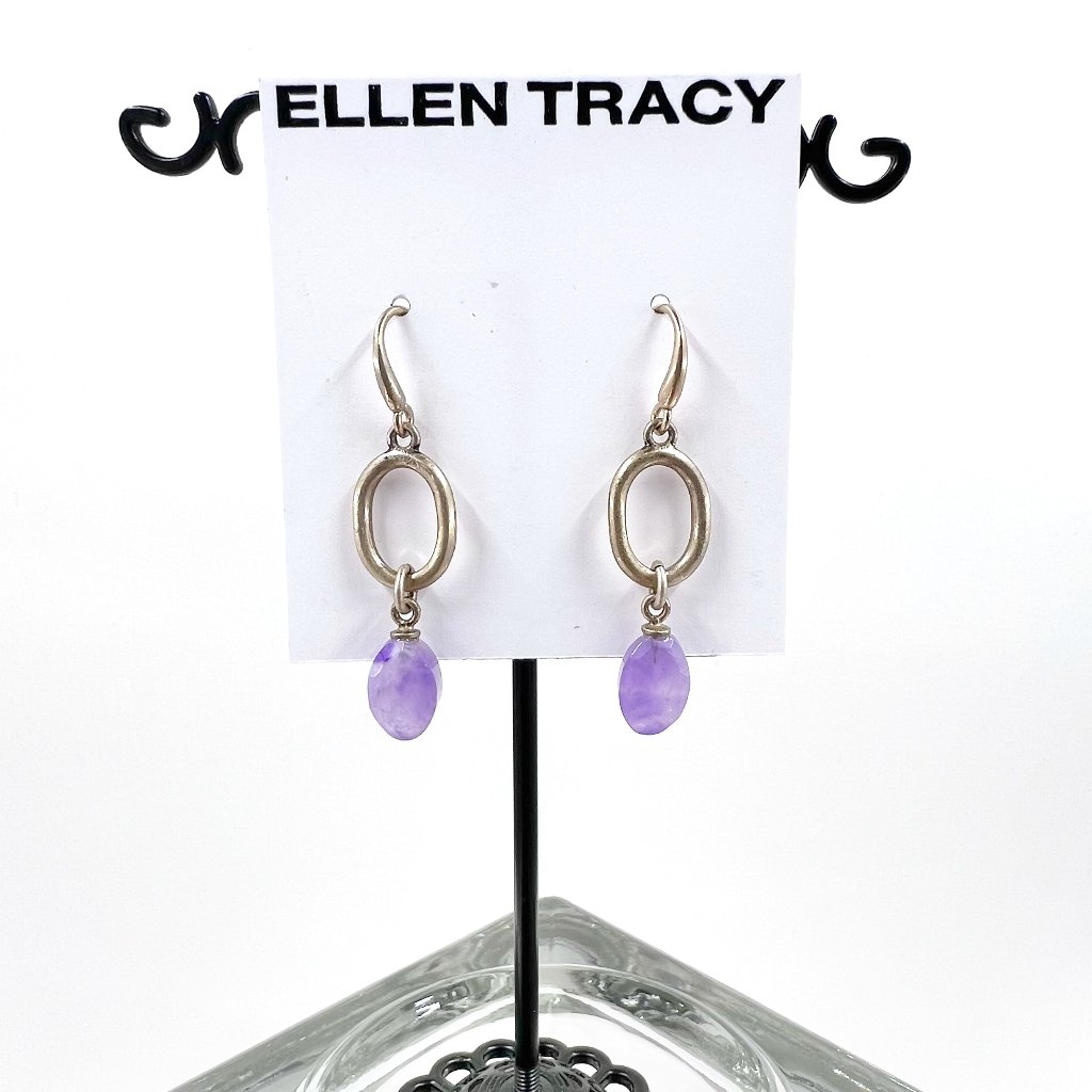 Nwt -Ellen Tracy- Semi Precious Amethyst Antiqued Silver Tone Fishhook Earrings 18$